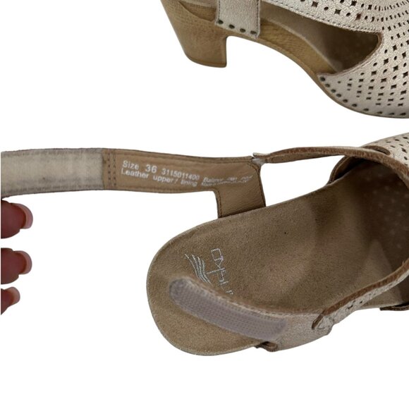 Dansko Beige Leather Perforated Slingback Sandals Wood-Look Block Heel SZ 36 - Picture 3 of 16